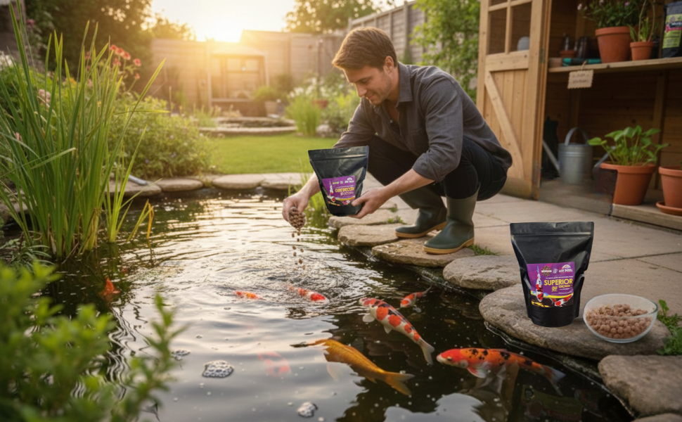 A man knelt beside a garden Koi pond at sunset, sprinkling koi food from a bag into the water as colourful koi carp gather near the stone edge, with a wooden garden shed and plants in the background.